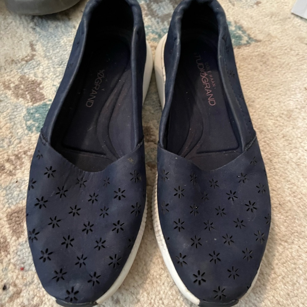 Cole Haan Navy Laser-Cut Floral Slip-On Flats